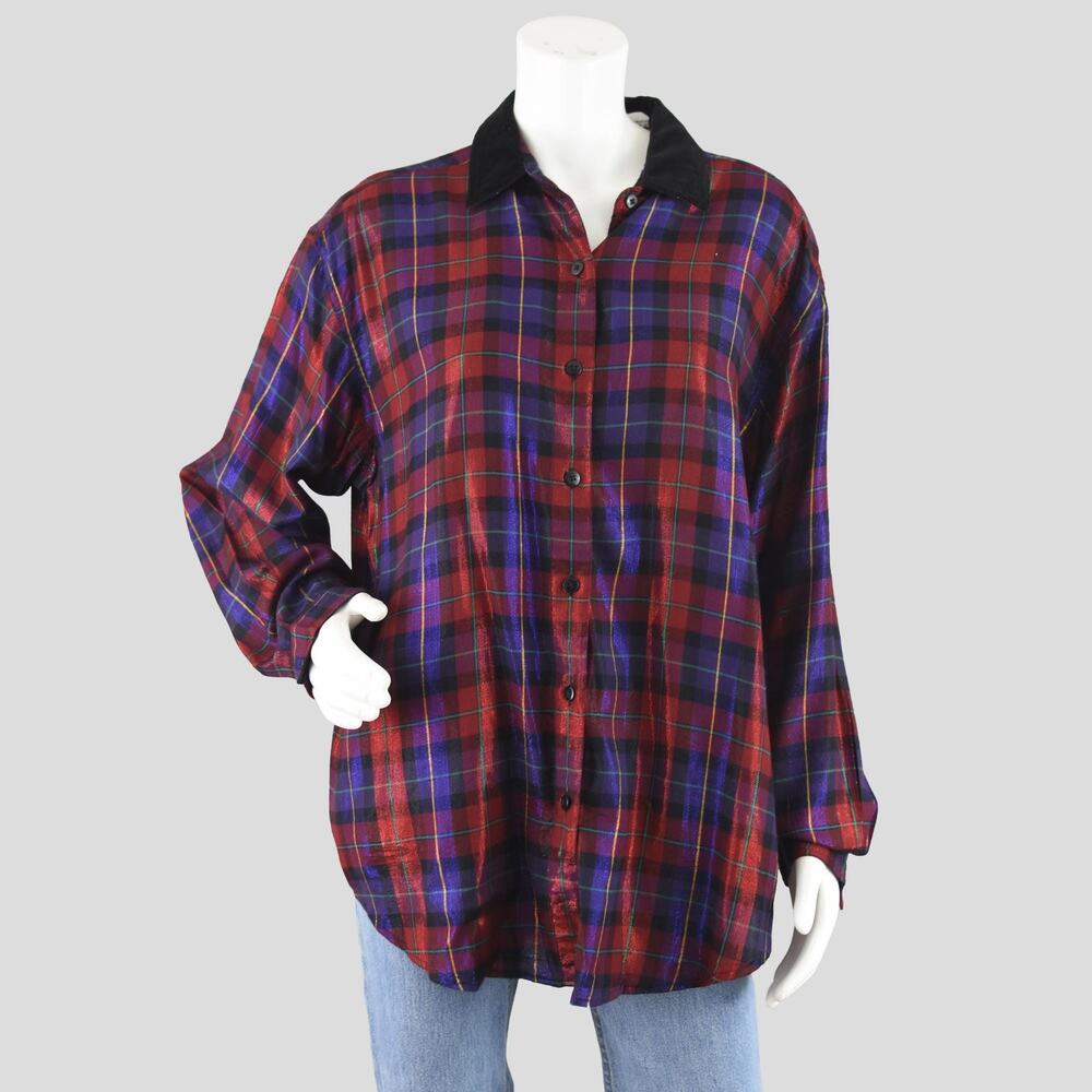 Vintage 90s Oversized Plaid Holiday Shirt, Black Velvet Collar, Women's Large